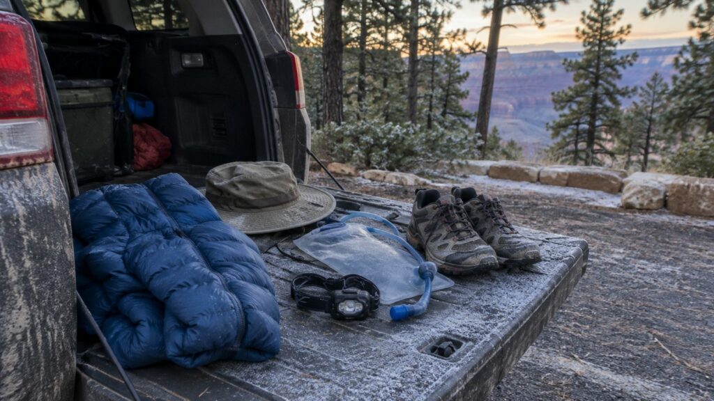 Down jacket, sun hat, water reservoir, headlamp and hiking shoes on a frosty SUV tailgate under pines at the Grand Canyon rim
