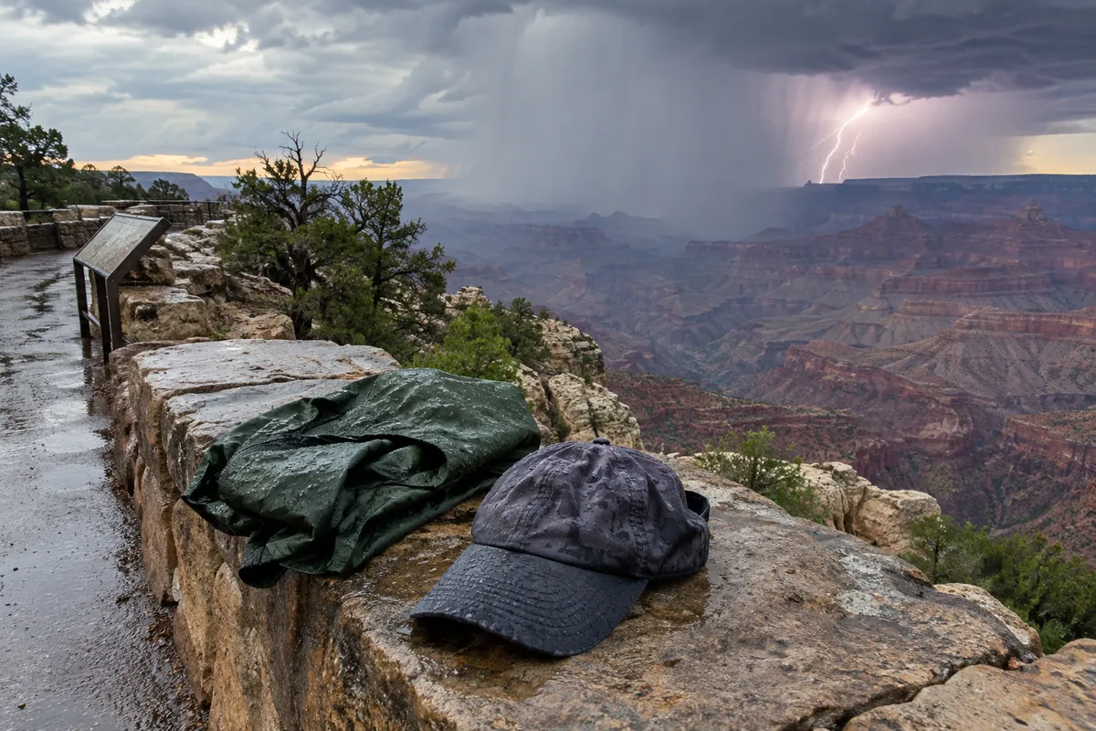 A folded rain shell and a wet ball cap on a stone wall at a canyon overlook, a storm with lightning over the far rim