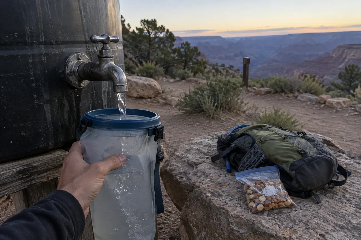 Hand filling a water reservoir from the tap on a black water tank at a canyon trailhead before sunrise