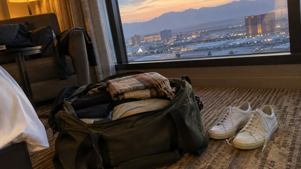 Half-packed duffel with walking shoes and leather sneakers on a Las Vegas hotel room floor by a window at dusk