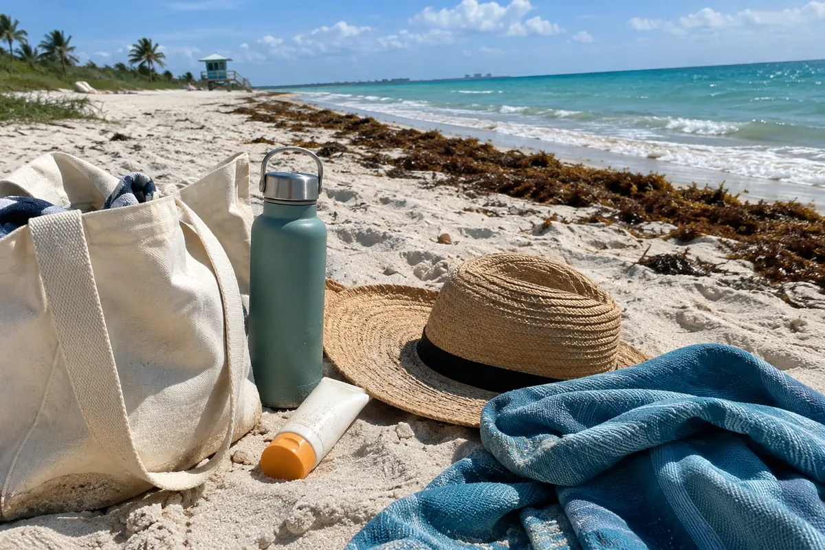 Canvas beach bag with a water bottle, sunscreen, sun hat and towel on sand next to a line of seaweed
