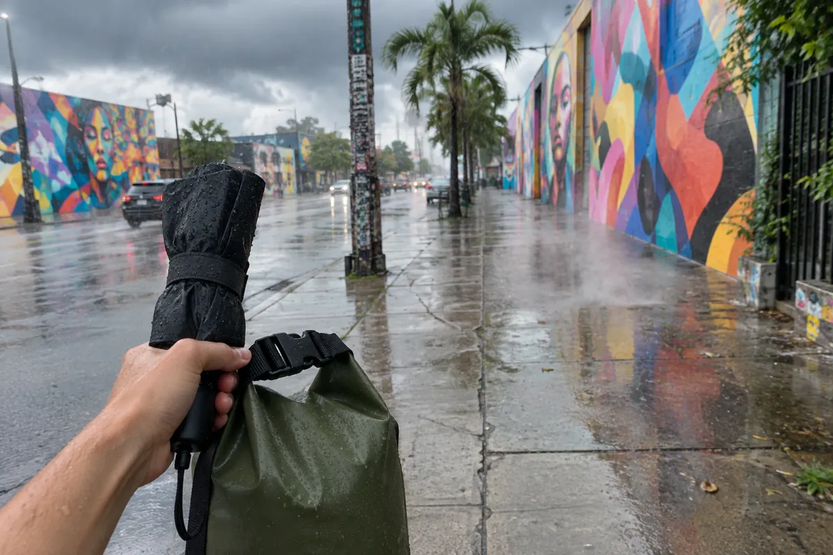 Hand holding a folded umbrella and a green dry bag on a wet Wynwood sidewalk lined with murals during a storm