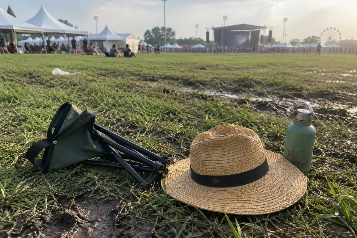 A folded camp stool, straw hat and water bottle on muddy grass with festival tents in the background