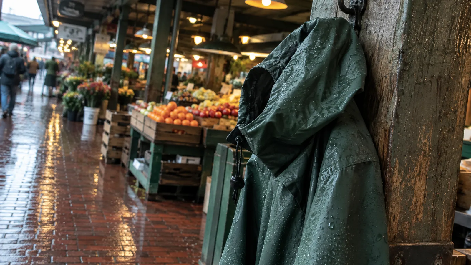 Wet hooded rain jacket hanging on a wooden post beside a brick market floor and blurred fruit stalls