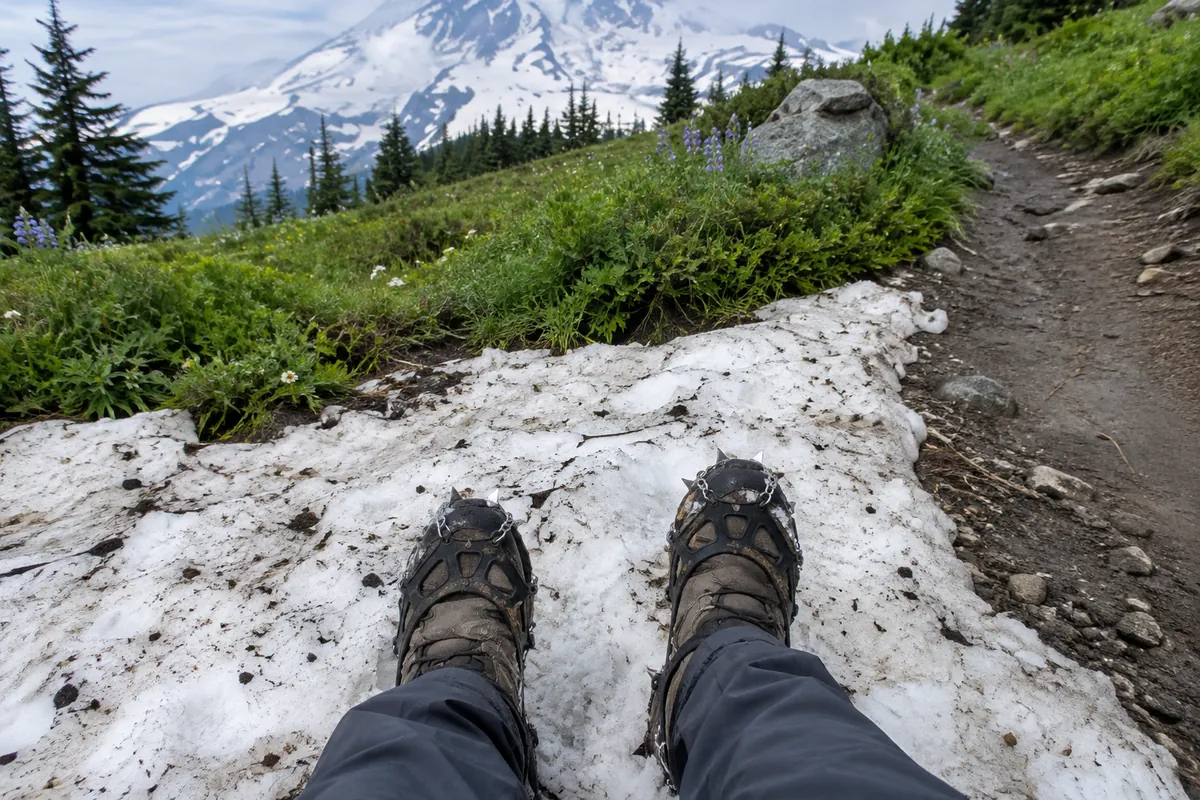 Feet in waterproof hiking shoes with strap-on traction spikes on a patch of old snow beside a trail in a subalpine meadow