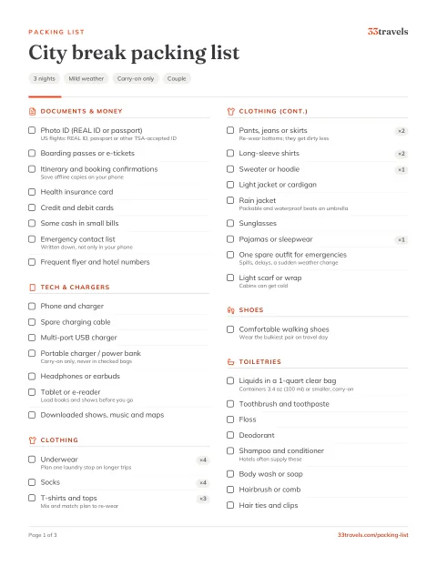 Preview of the City break packing list PDF