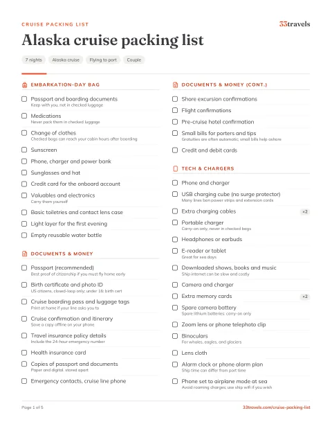 Preview of the Alaska cruise packing list PDF