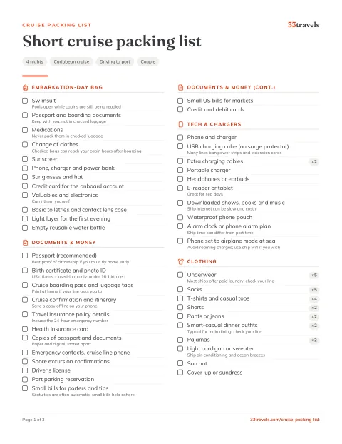 Preview of the Short cruise packing list PDF