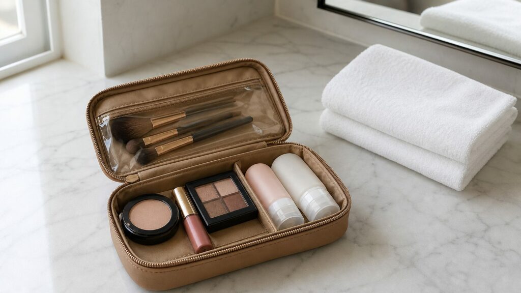 Tan faux-leather travel makeup bag open flat on a marble hotel bathroom counter with brushes, a compact, lipstick and travel bottles