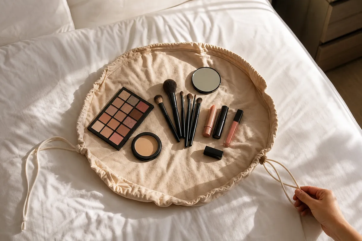 Round drawstring makeup bag spread flat on a hotel bed with palettes, brushes and lipsticks on it, a hand reaching for the drawstring