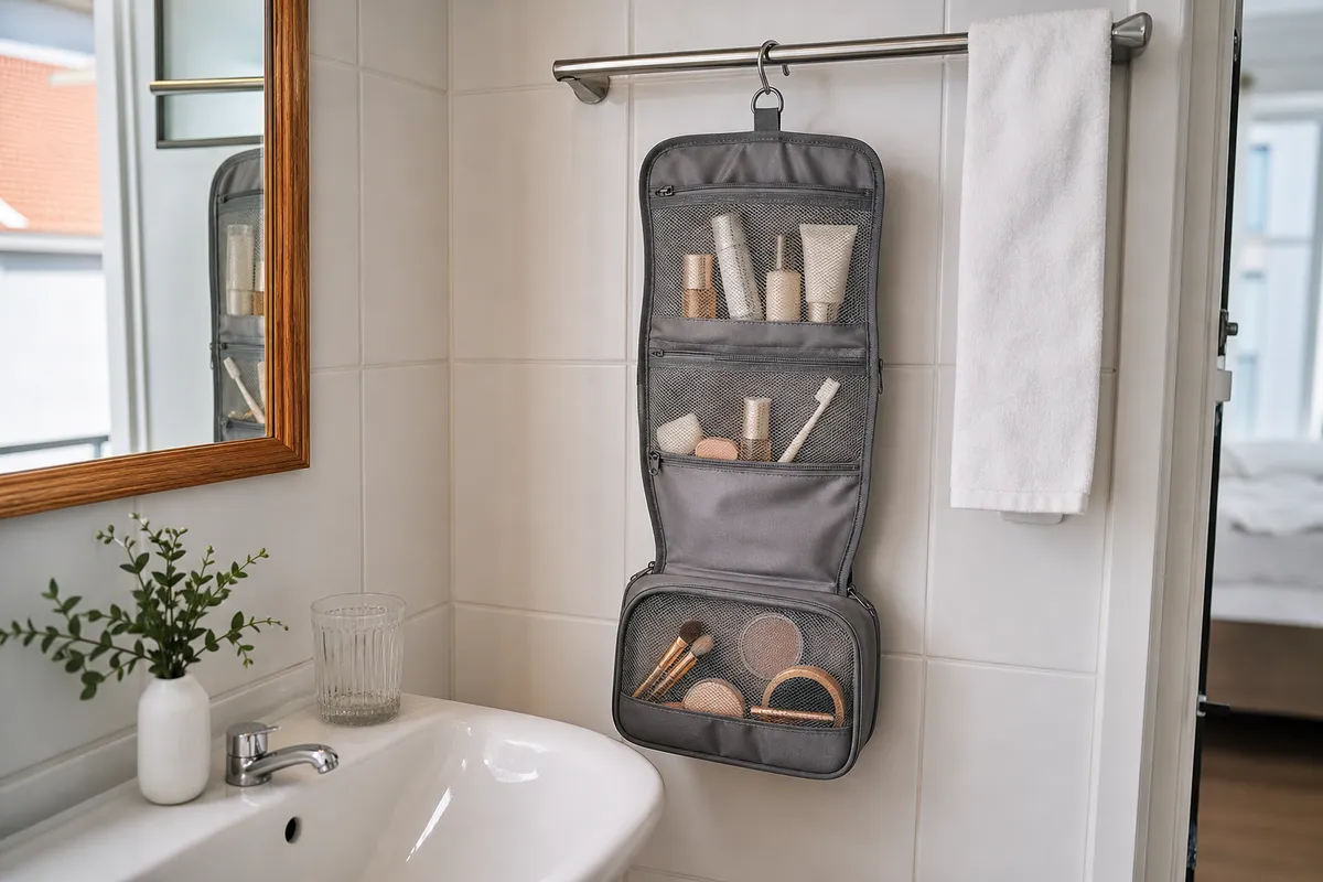 Gray hanging toiletry and makeup bag hooked on a towel rail in a small hotel bathroom, clear pockets holding bottles and brushes