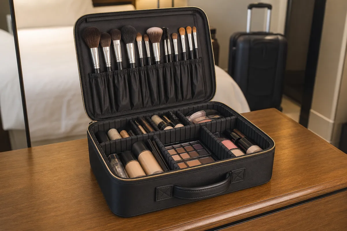 Open makeup train case on a hotel dresser with padded dividers holding palettes and bottles, brushes standing in the lid