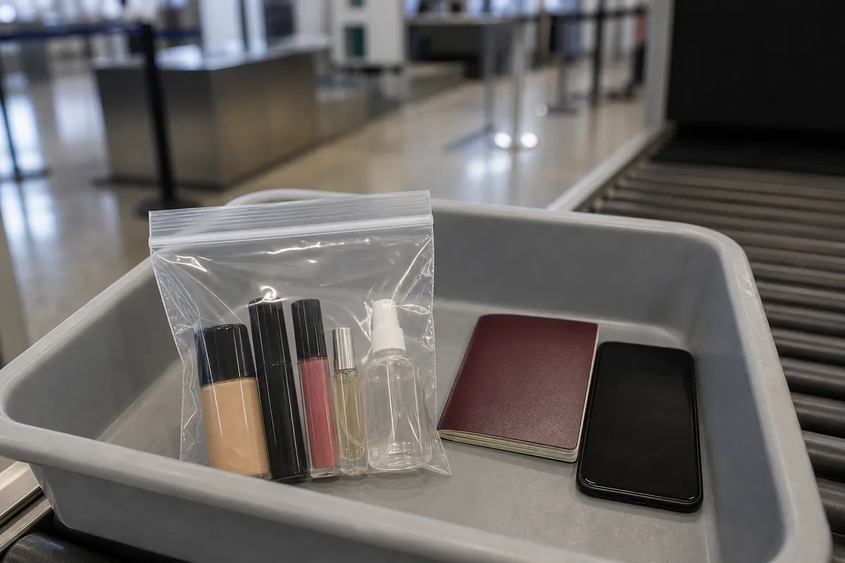 Clear quart-size bag of mini liquid foundation, mascara, lip gloss and perfume in an airport security tray next to a passport