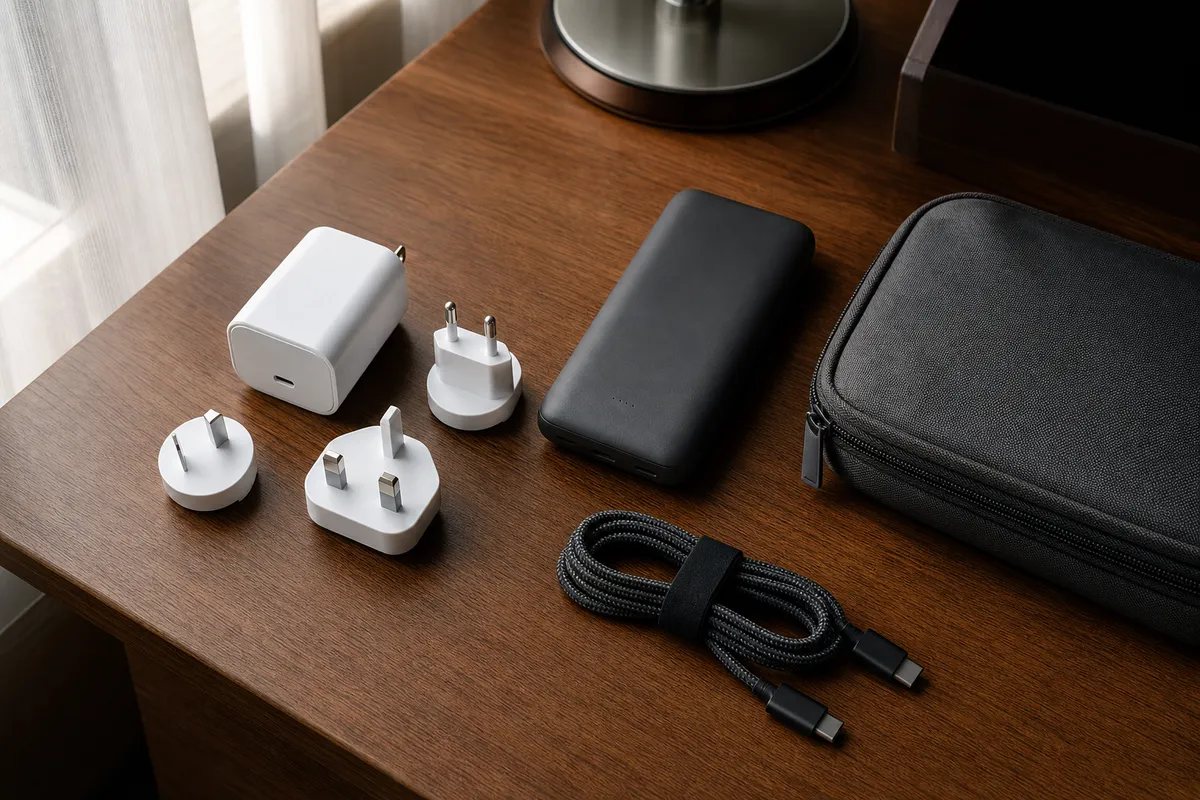 Travel wall charger with interchangeable plugs next to a power bank and a coiled USB-C cable