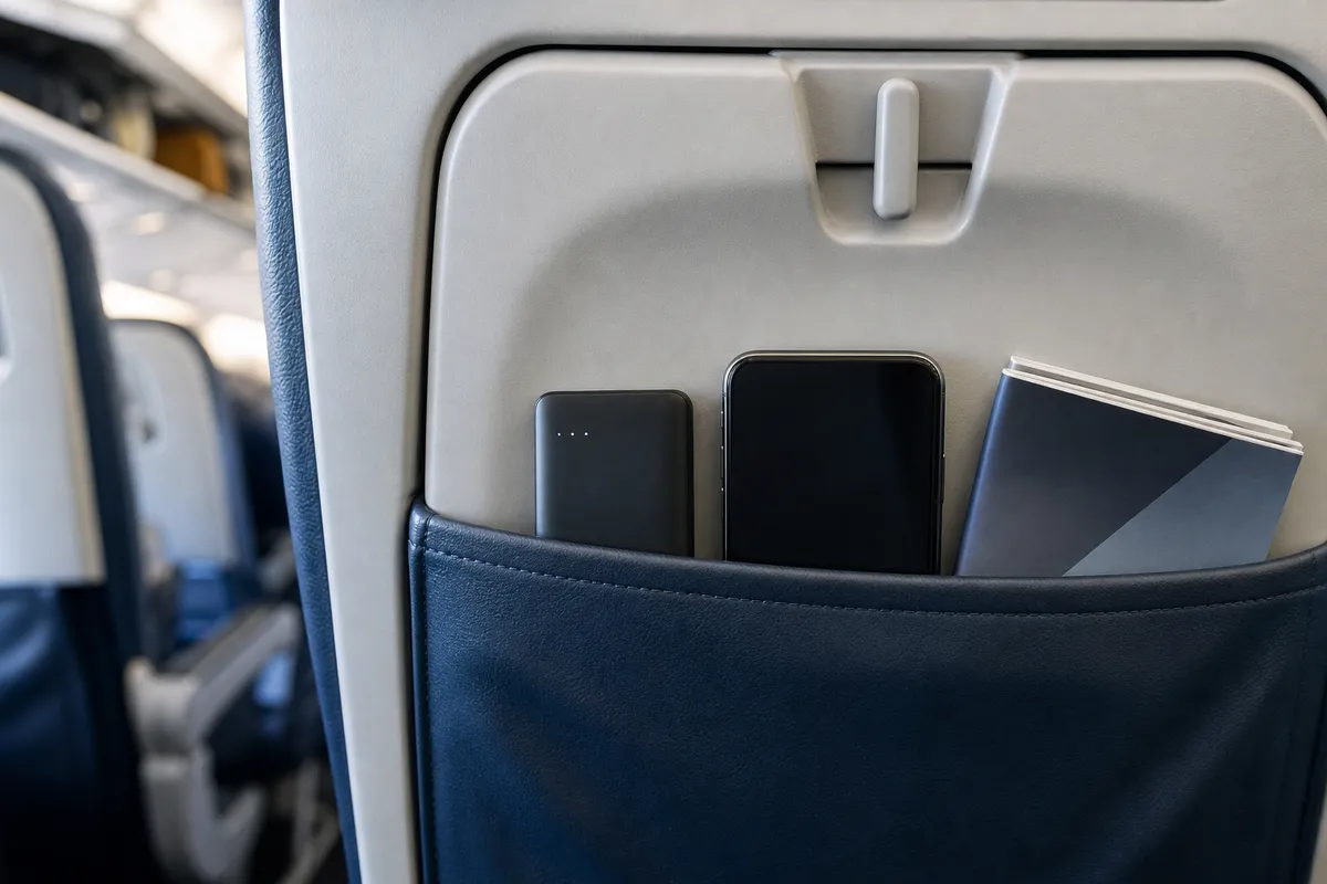 Power bank in an airplane seat-back pocket with a phone, not in the overhead bin
