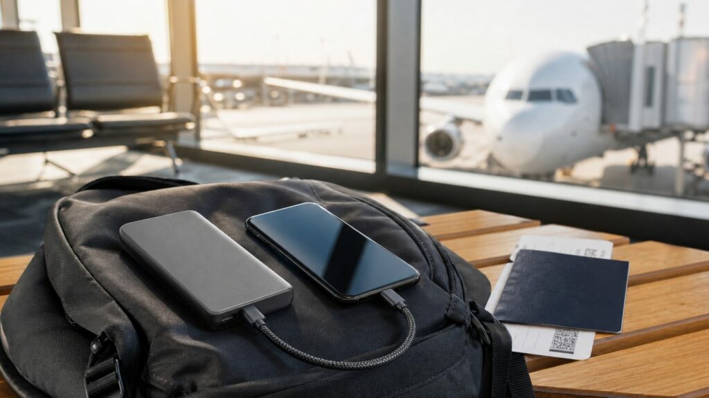 Power bank charging a phone on a backpack at an airport gate next to a passport and boarding pass