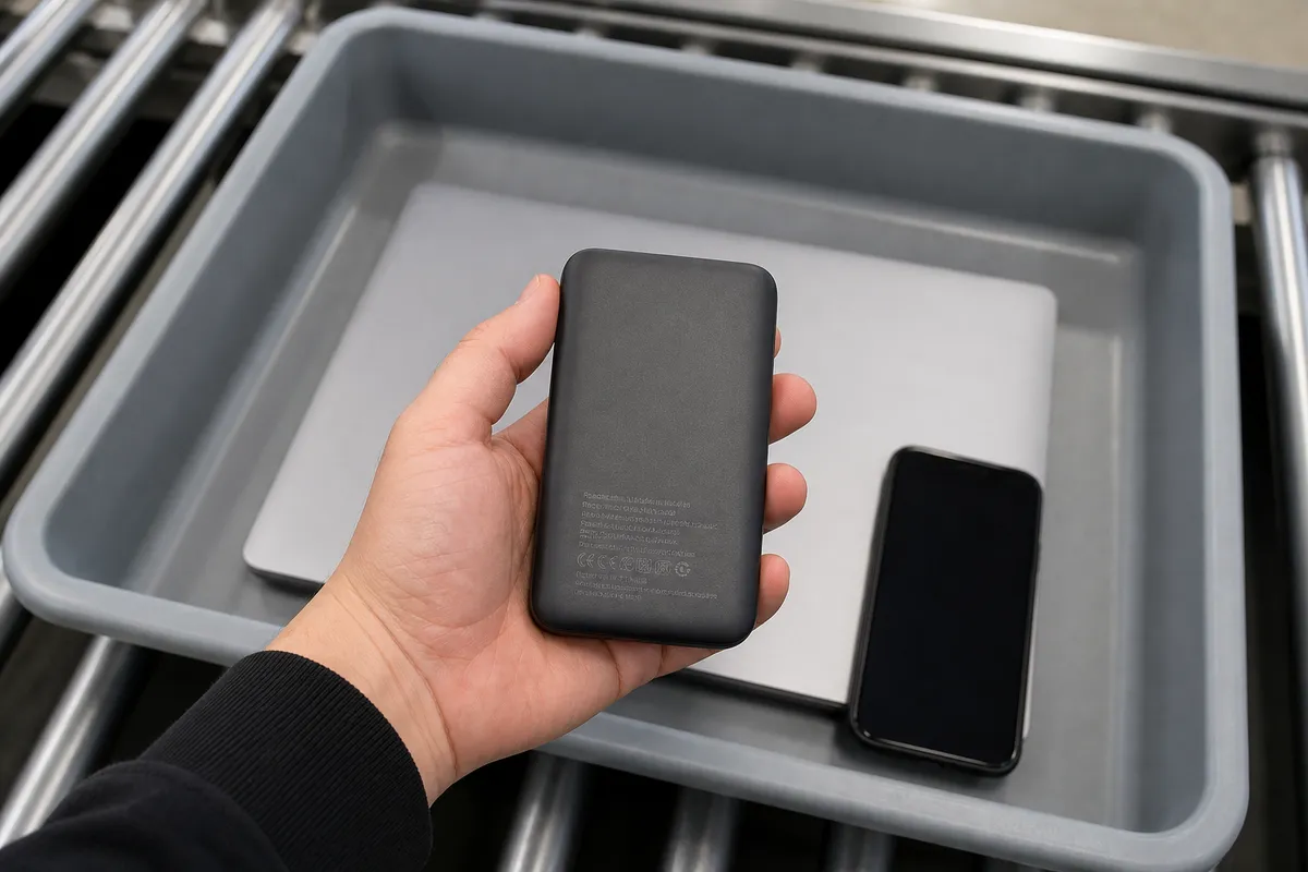 Hand holding a power bank over an airport security tray