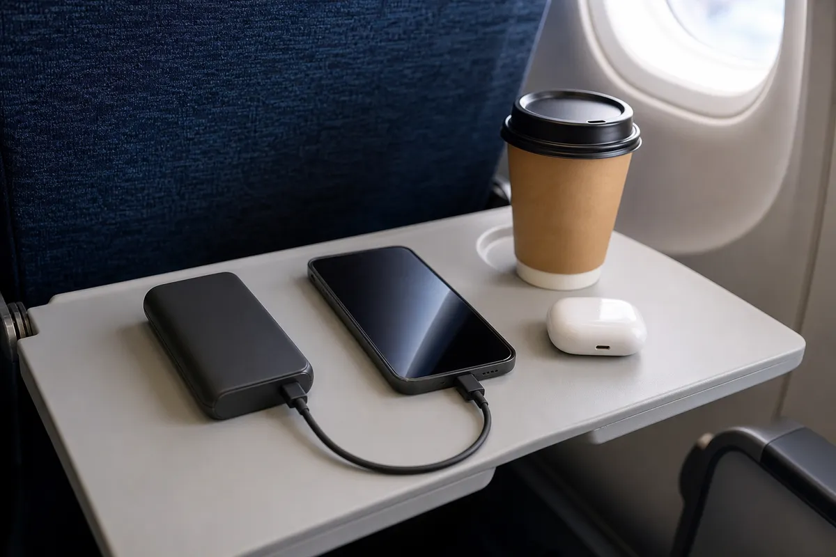 Compact power bank charging a phone on an airplane tray table