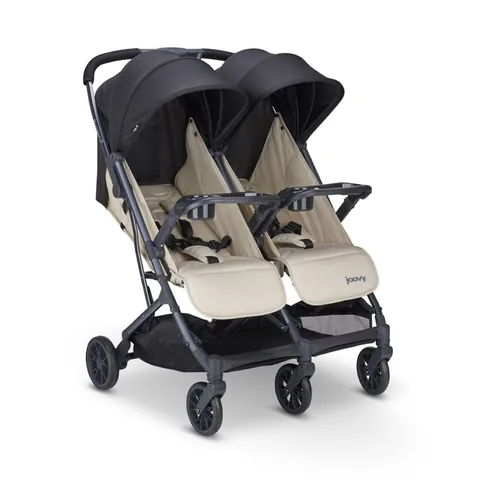 Joovy Kooper X2 Lightweight Travel Double Stroller, Sand, Compact Tri-Fold Design, Dual Child Snack Trays
